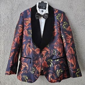 Men's XS 36 Slim Bold Brocade Floral Print Tuxedo Blazer Vest 2 Pc Prom Wedding